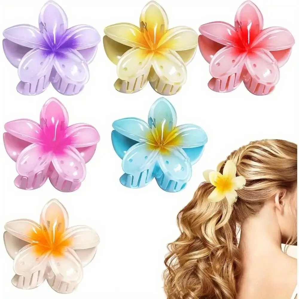 6-Pack Elegant Acrylic Plumeria Wer Claws, Large Colorful Hawaiian Hair Clips Women, Strong Grip For Weddings, Parties, Beach,