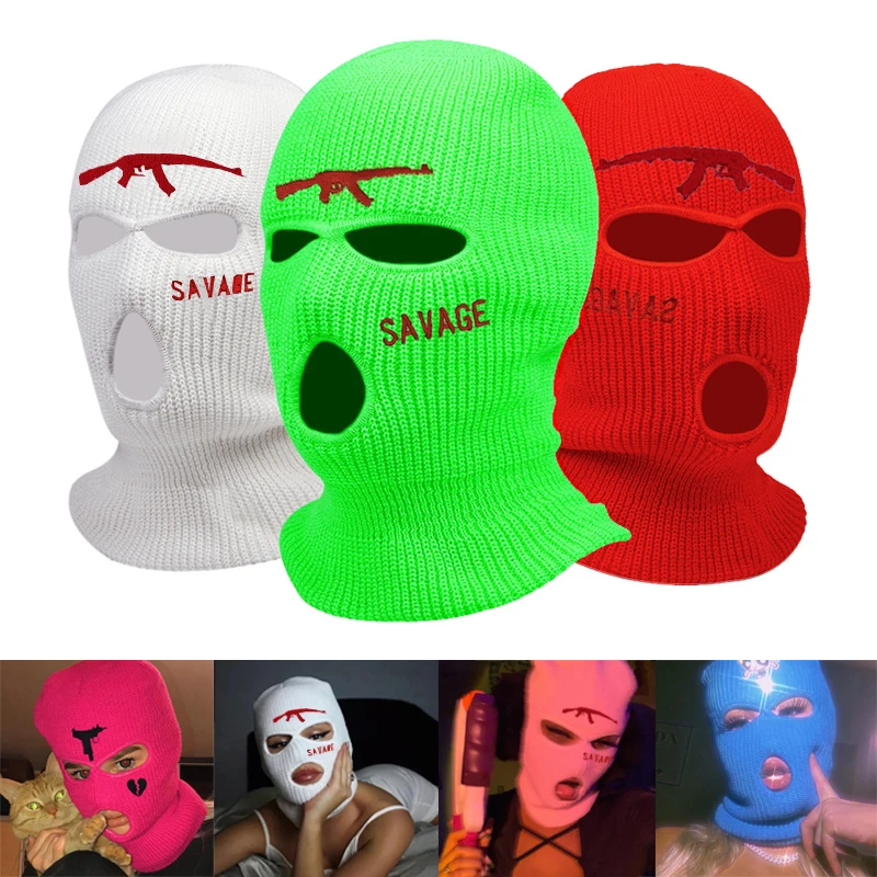 Autumn and Winter Knitted 360° Full Coverage Warm Hat, Three-hole Embroidered Ski Mask, Available in Multiple Colors