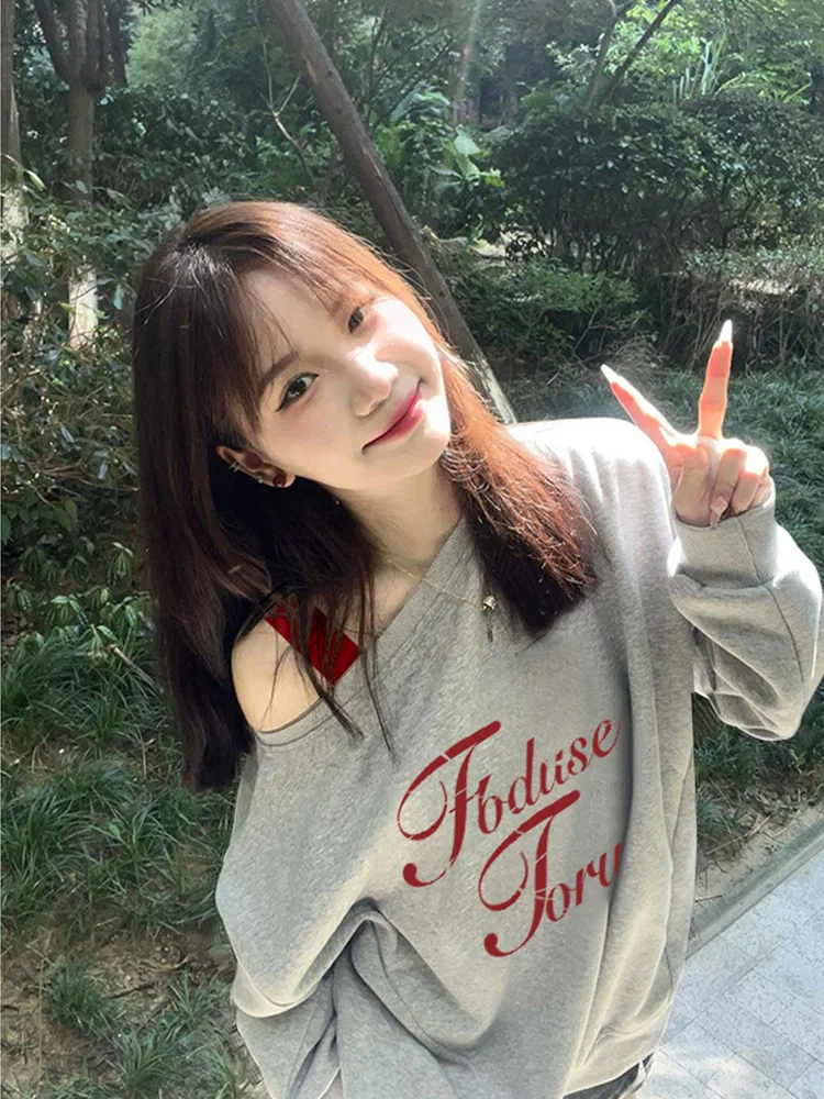 2025 Spring and Autumn New Women's American Retro Gray Off-Shoulder Loose Casual Long Sleeve Letter Print Sweatshirt