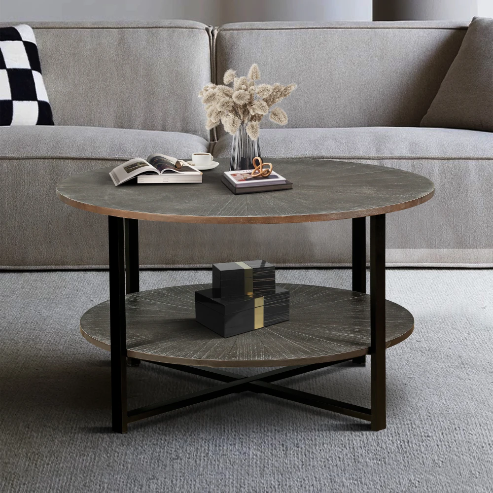 

31.5"D x 31.5''W x 18.3''H Round Coffee Table With 2-Tier Storage, Farmhouse Living Room Cocktail Table With Black Metal Leg