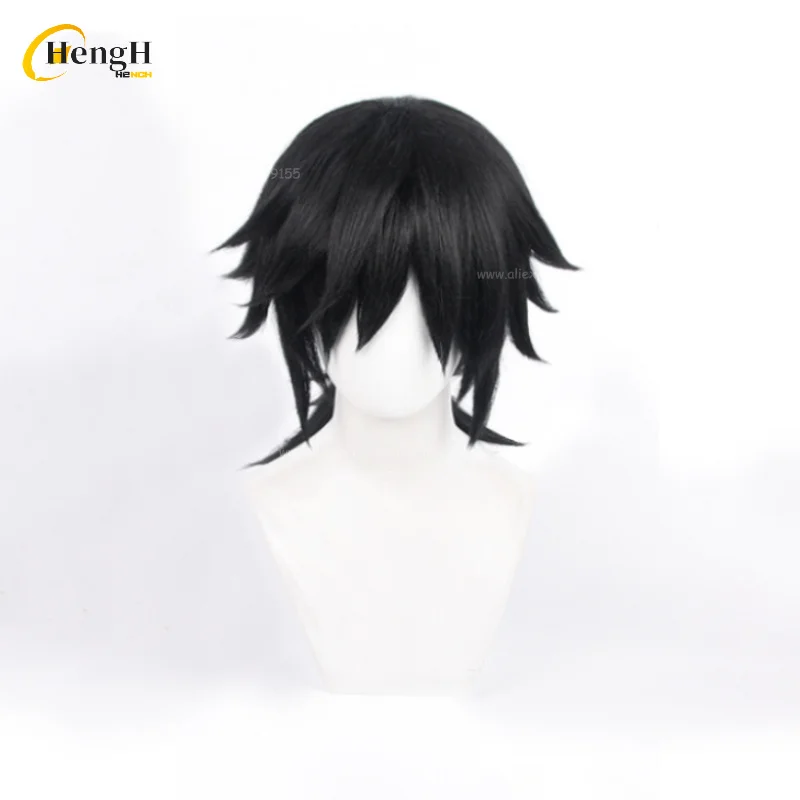 In Stock Synthetic Hair Anime Tomioka Giyuu Unisex 40cm Black Ponytail Cosplay Wig Stickers Heat Resistant Party Wigs + Wig Cap