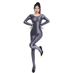 Sexy Women Stain Oil Shiny Elastic Bodysuit Shapping Romper One-piece Thong Silky Tight Satin Jumpsuits Candy Color Maid Leotard