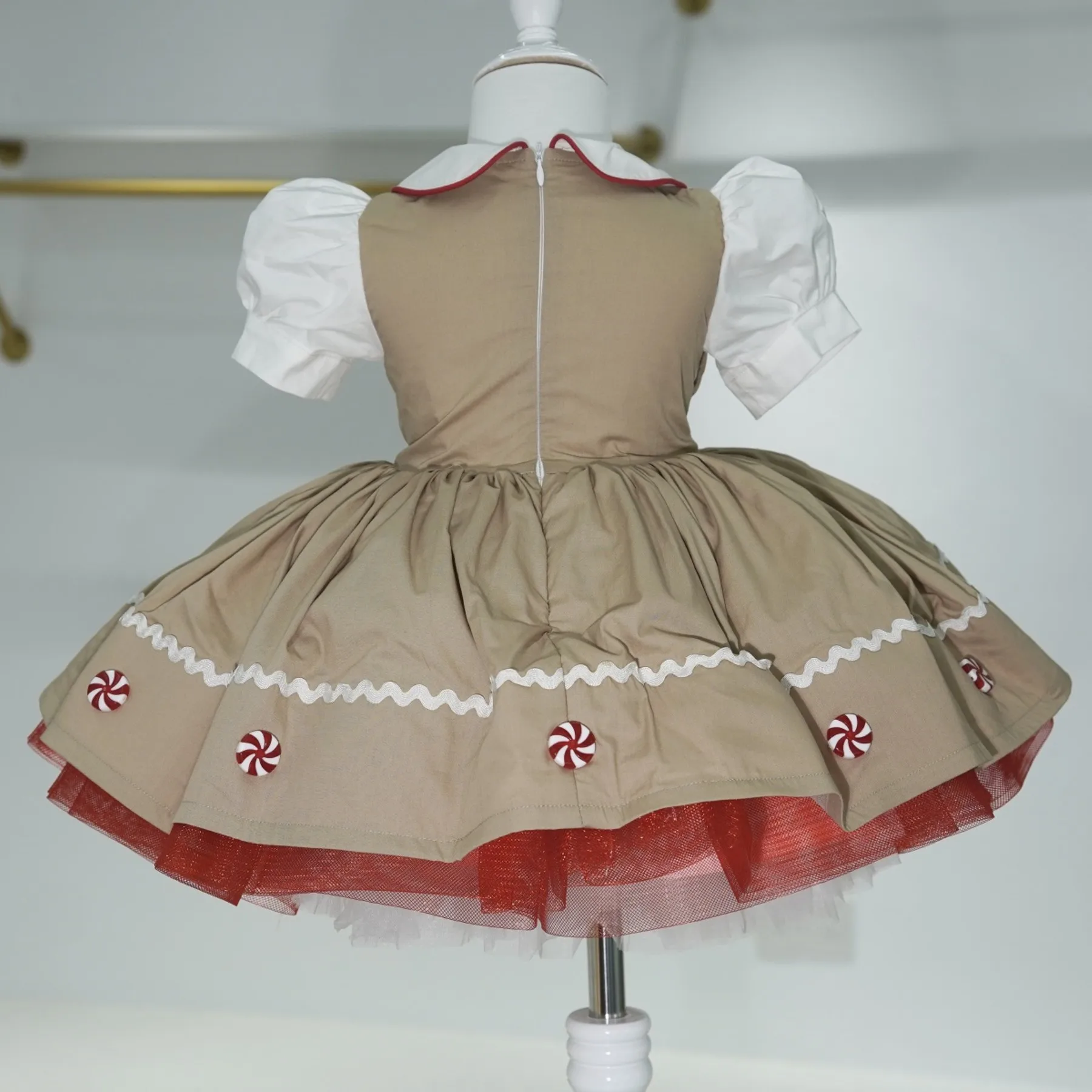 0-12Y Baby Girl Khaki Gingerbread Man Vintage Princess Pompom Ball Gown Dress for New Year Holiday Photography Eid ChristmasB453