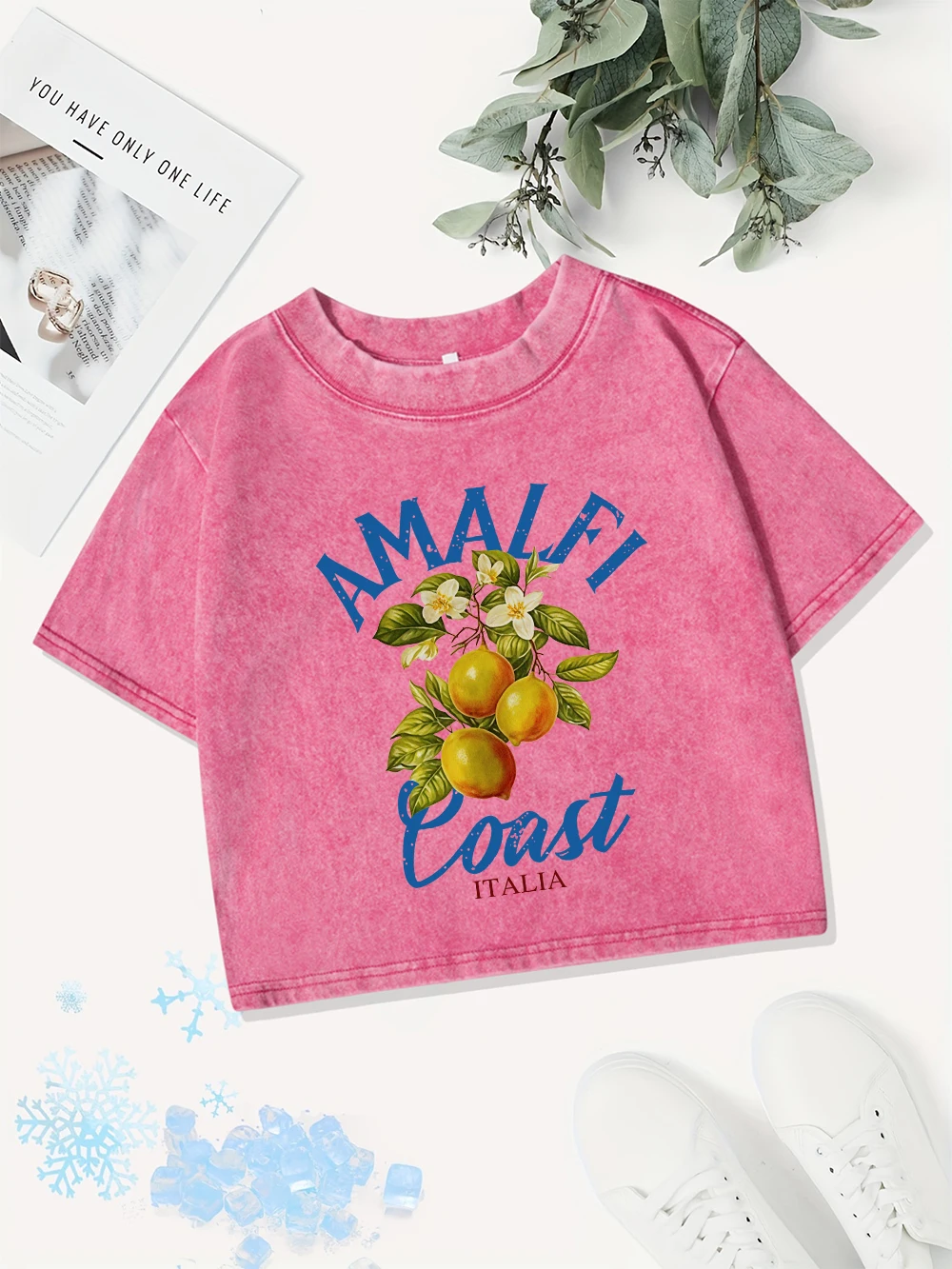 

Summer Cotton Crop Tops Womens Amalfi Coast Lemon Fruit Prints Washed T-Shirts Casual O-Neck Regular Fit Streetwear Y2K Clothes