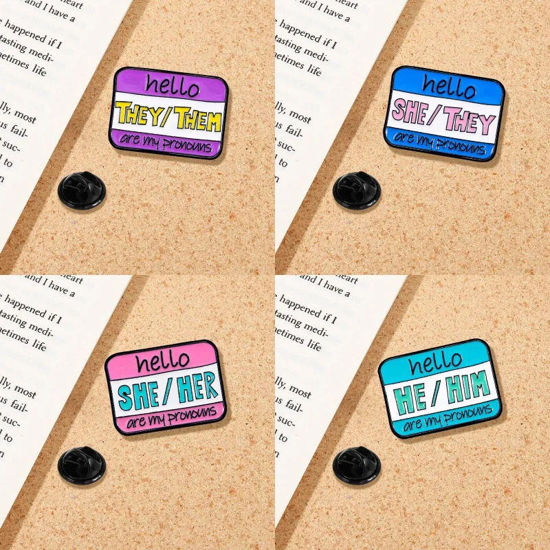 4Pcs/Set Hello She/Her He/Him They/Them Series Pins Aqua Purple Pink Blue Colors Pronoun Ticket Shaped Enamel Brooches