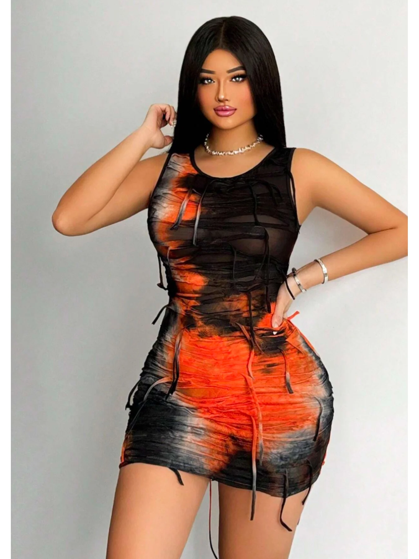 Damen-Freizeitkleid mit Rundhalsausschnitt, dicken Trägern, ärmellos, tailliert, mit Fransen, Farbblock-Design, Minirock, langes Kleid – Detail 9