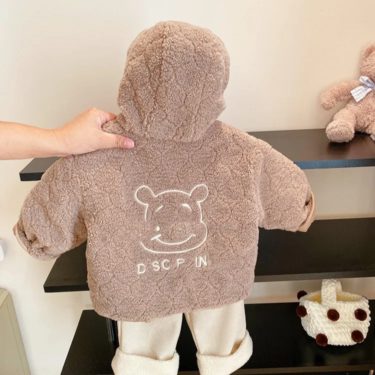 

Girl wearing coat on both sides, cute baby bear hooded lamb wool cotton coat, baby cotton coat, autumn and winter children's top