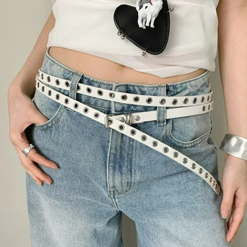 Punk Double Loop Thin Belt Retro Double Layer Waist Chain Rivet Eyelet Buckle Belts Adjustable High Quality PU Leather Belts view 5