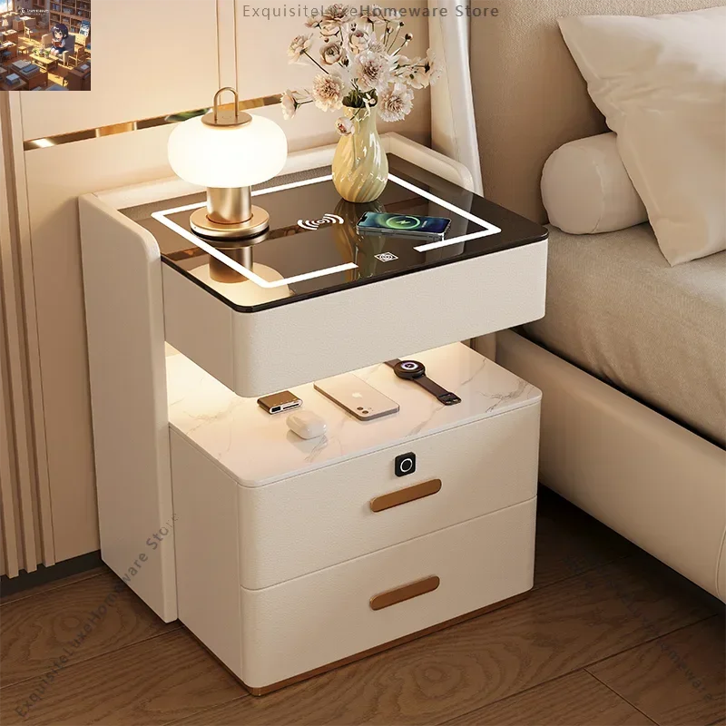 Installation-free smart bedside table Modern simple light luxury household bedroom storage Multifunctional solid wood bedside ta