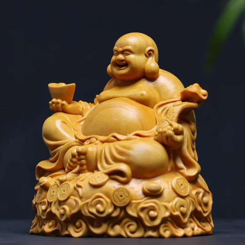 Natural Laughing Buddha Statue, Lucky Maitreya Monk Sculpture, Wood Carved Home Office Decor, Prosperity Gift view 2