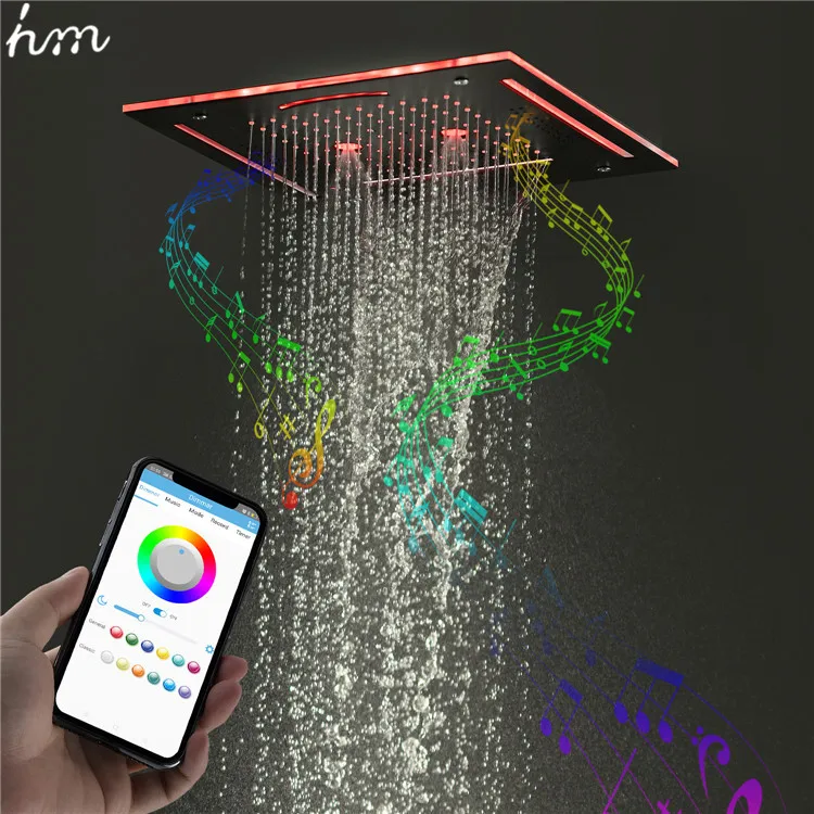 

Hm SUS304 Square Thermostatic Adjustment Ceiling Mounted Concealed Phone Control Music Led Shower Faucet