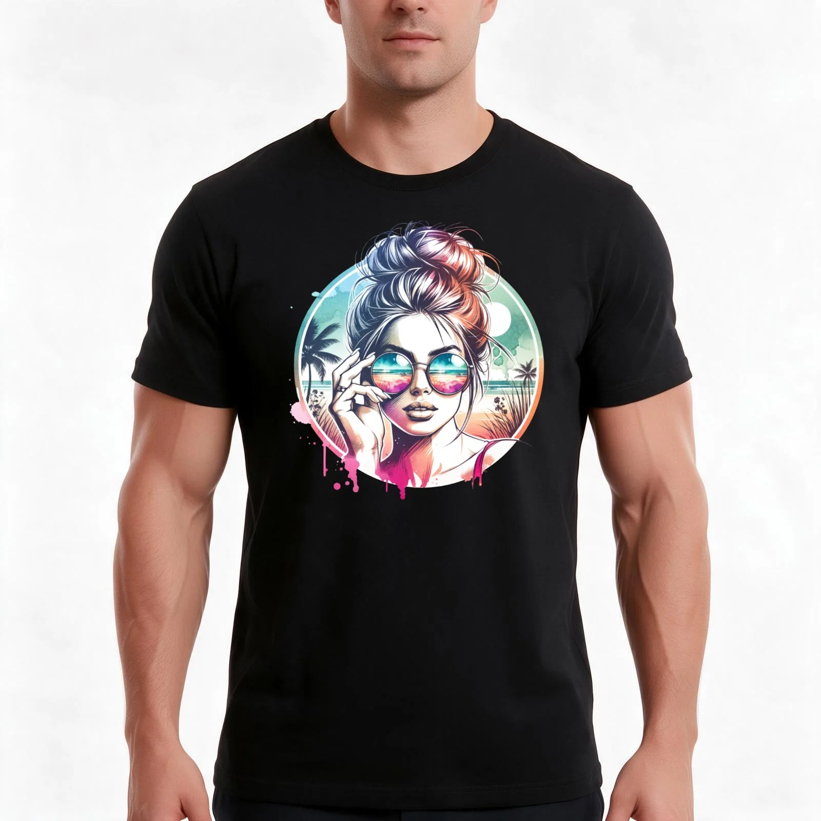 Messy Bun Babe on Beach - Reflection T-Shirt Summer Casual Cotton Tee Oversized Streetwear Tops Vintage Graphic Print
