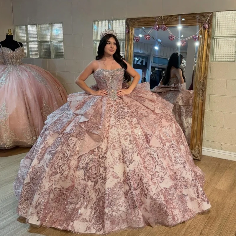 

Simple Rose Gold Quinceanera Dress off-shoulder Crystal Glitter Decal Layering Long tail vestidos de 15 Quinceanera ﻿Customize