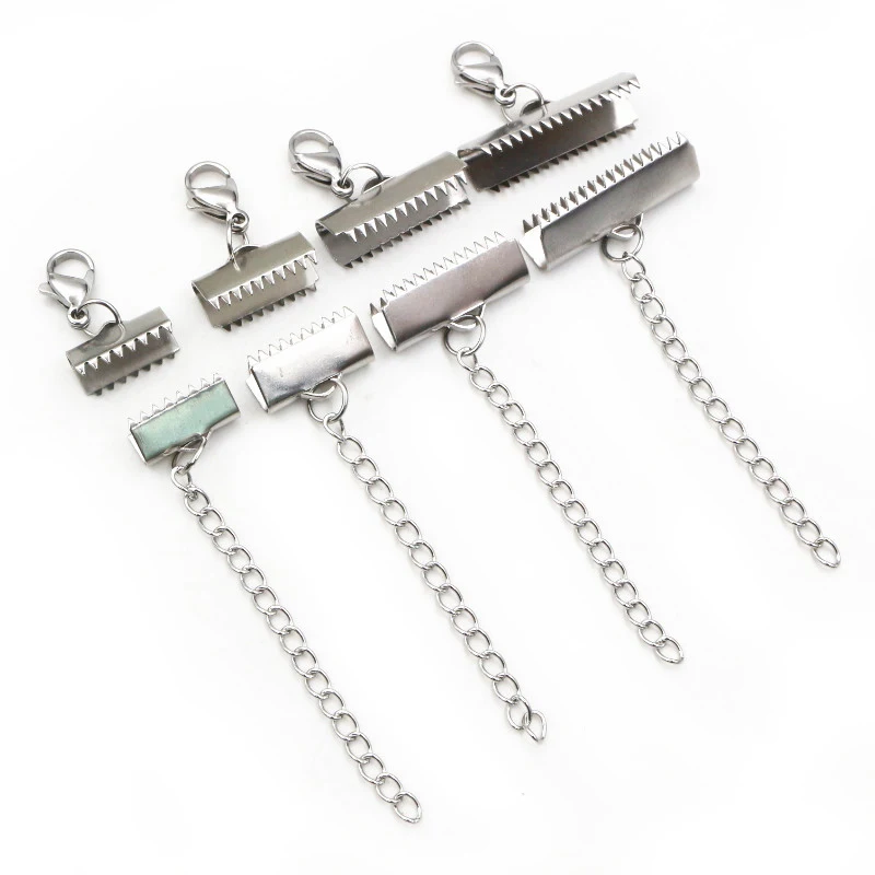 

10pcs Stainless Steel Ribbon Leather Cord End Fastener Clasps With Chains Lobster Clasps Connectors For Bracelet Diy Making