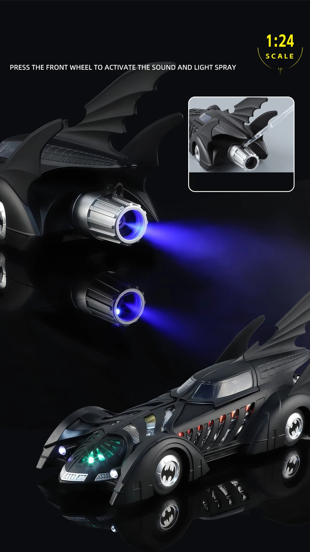 1/24 Classic Movie Car 1995 Batmobile Concept Bat Sports Car Model Alloy Metal Racing Vehicle Car Model Sound Light Kid Toy Gift