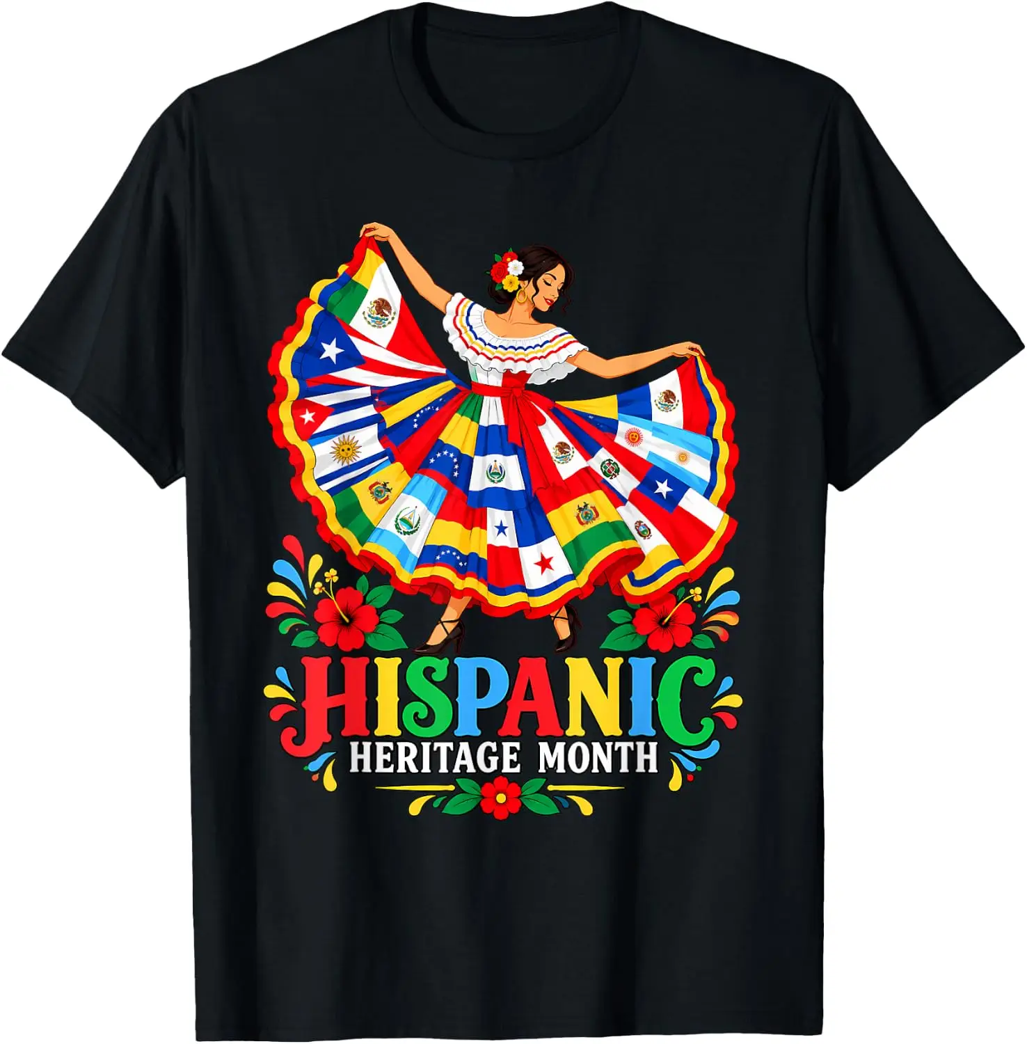 National Hispanic Heritage Month Latino Girl Countries Flags T-Shirt Halloween Loose-Fit Pure Cotton Short-Sleeve Top – Stylish, Breathable, Plus-Size – Christmas Gift