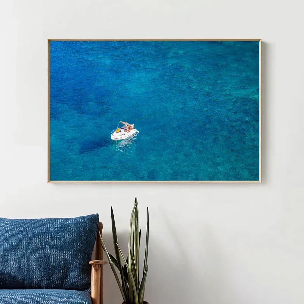 05 Clear Water Blue Sky Vast Ocean Barco subterráneo gran paisaje tela de seda póster arte de pared decoración del hogar regalo