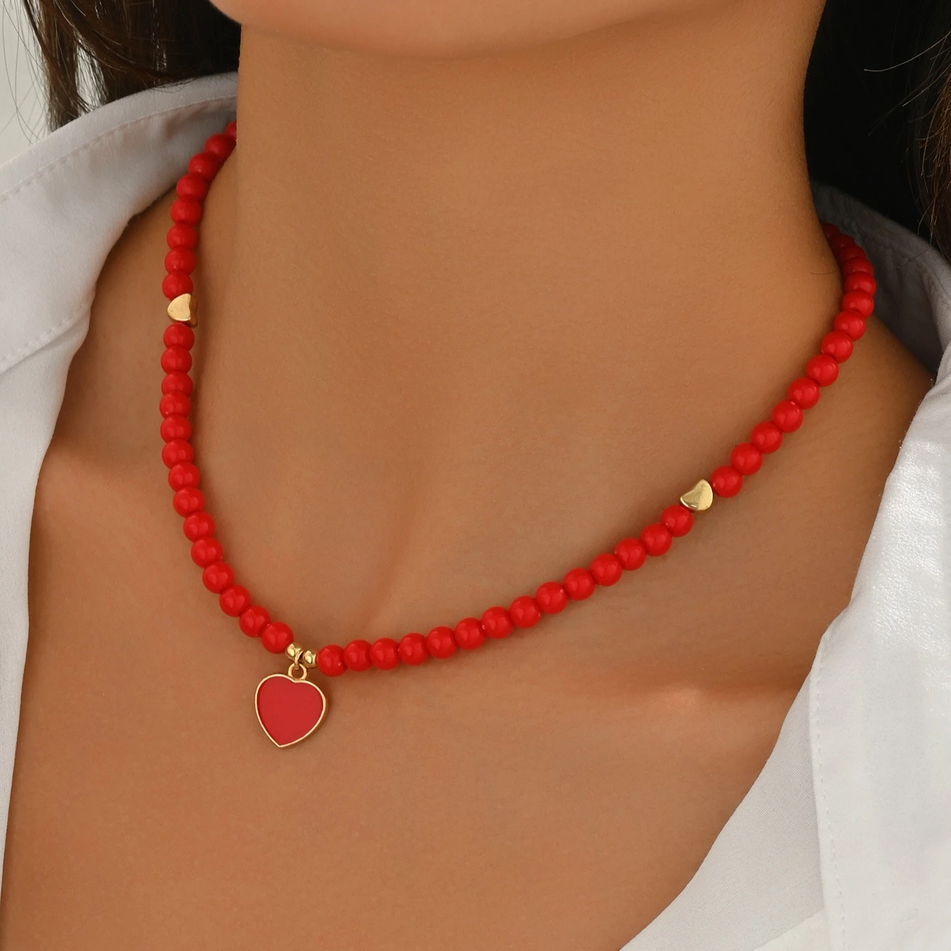 

1pc Women'S Bohemian Red Oil Drop Heart Pendant Acrylic Beaded Adjustable Necklace, Daily Vacation Party Wear, Valentine'S Day Gift Birthday Present