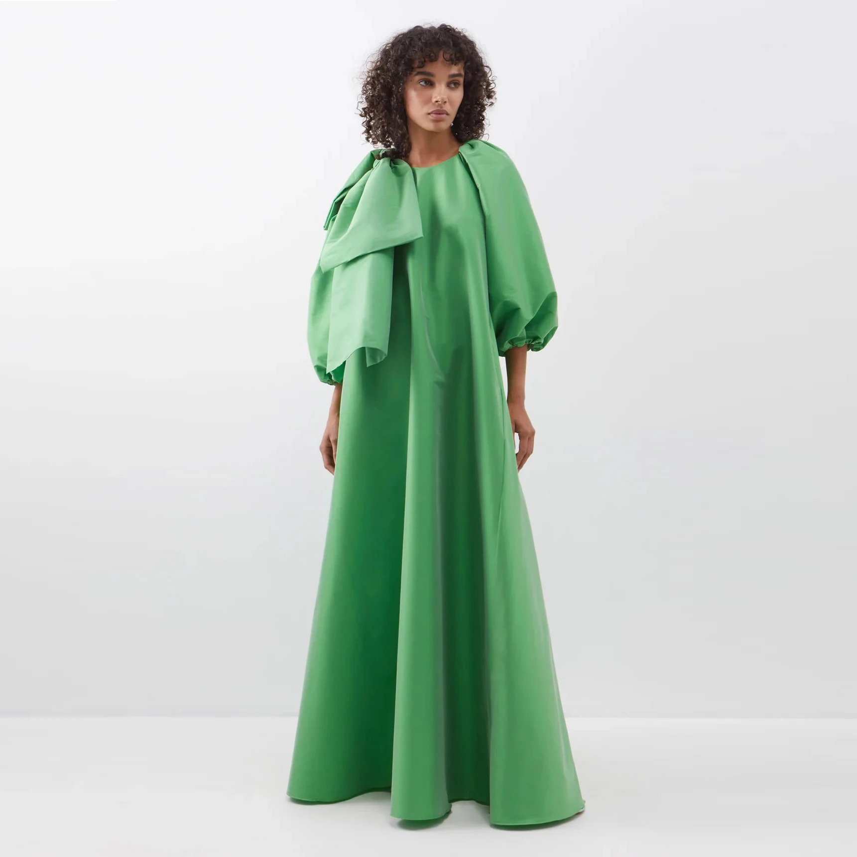 Fresh Green A-line Long Satin Maxi Gowns Puff Sleeves Pregnant Women\'s Dresses Big Bow On Shoulder Modest Prom Gowns