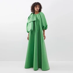 Fresh Green A-line Long Satin Maxi Gowns Puff Sleeves Pregnant Women's Dresses Big Bow On Shoulder Modest Prom Gowns