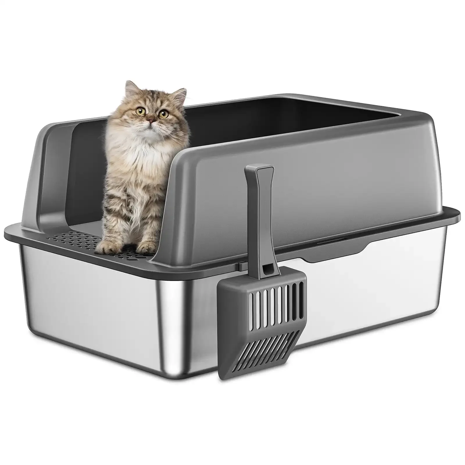 

Stainless Steel Litter Box, High Sided Cat Box, Metal Litter Pan with Lid, Extra Large with Scoop, Dark Gray