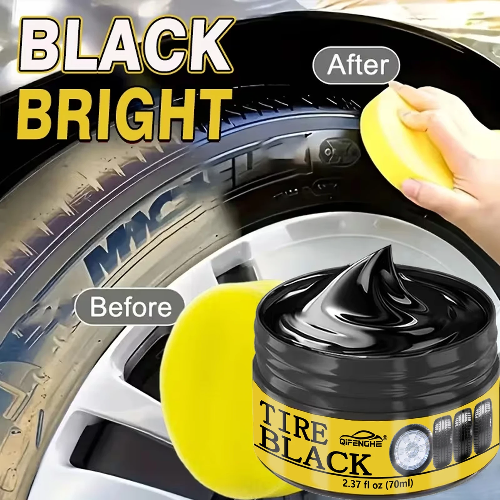 Premium Tire Black Wax 2.37 fl oz - Auto Tire Polish for Deep Black Shine, UV Protection & Dirt Resistance, Car Wash Essential