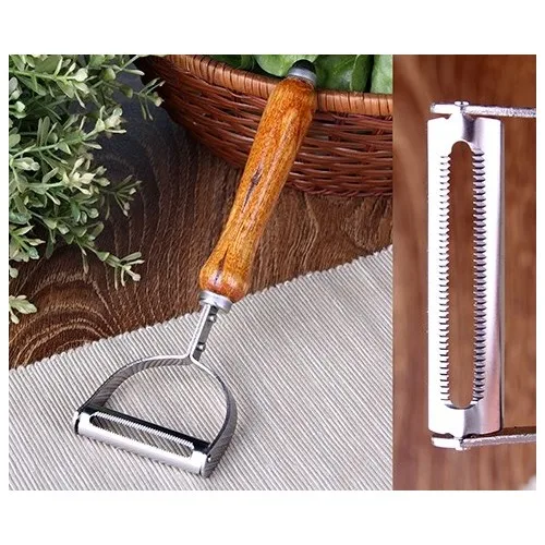 Evvehediyelikeşya Stainless Steel Wooden Handle Laser Fork Fruit Vegetable Peeler