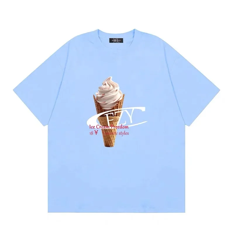 Desier CFZY Retro Ice Cream Letter Print Short Sleeve T-Shirt Unisex Summer Couple Match Half Sleeve Top