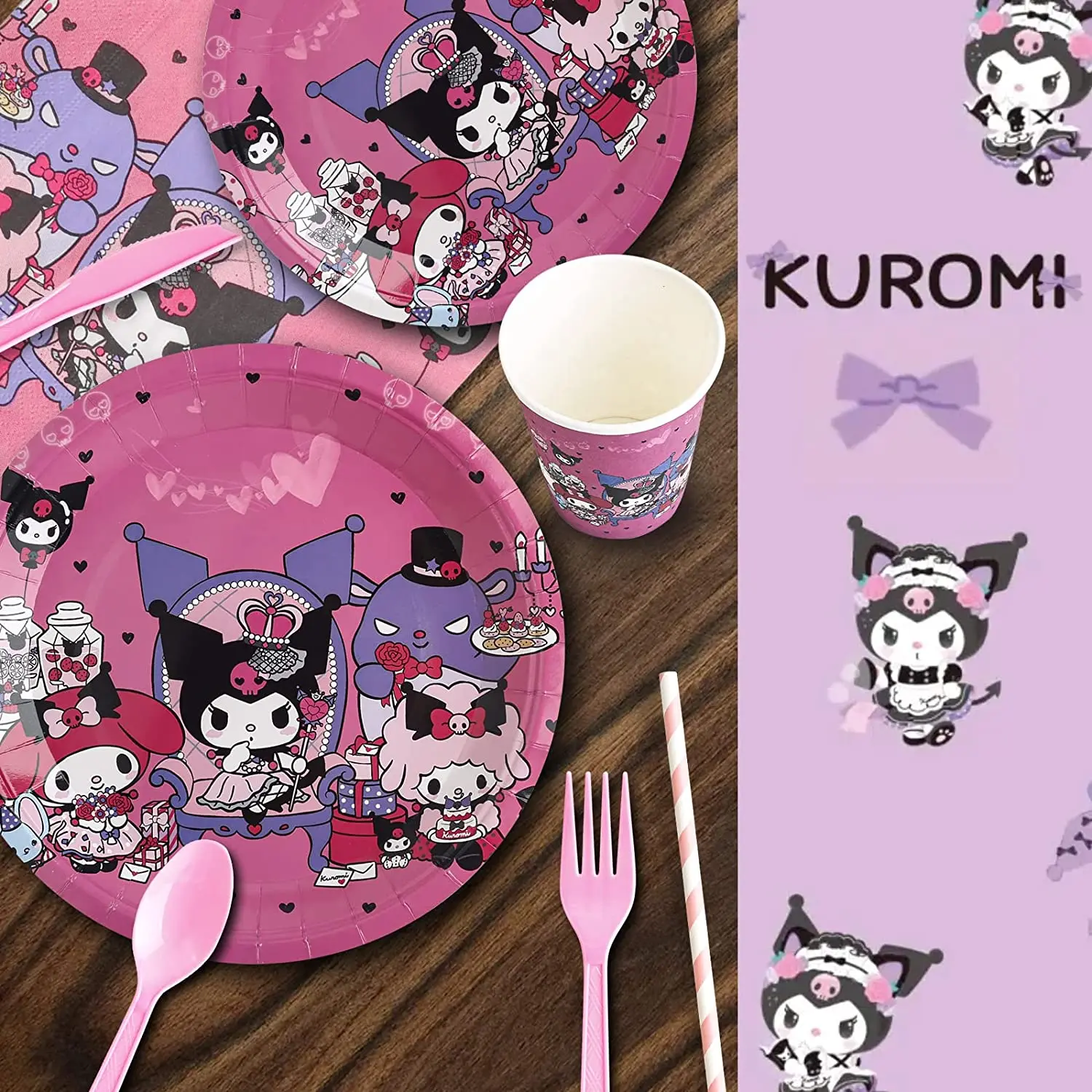 Kuromi-Decoración de fiesta de cumpleaños, suministros de fiesta de My Melody, mantel rosa, tazas, globos, 9 platos, Pancarta, suministros para Baby