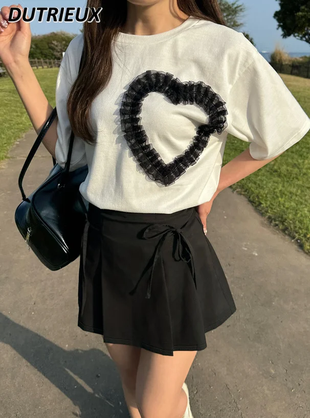 Summer New 2024 Japanese Style Sweet Tulle Lace Heart Pattern T-shirt Cute Girl All-Matching Round Neck Short Sleeve Tops