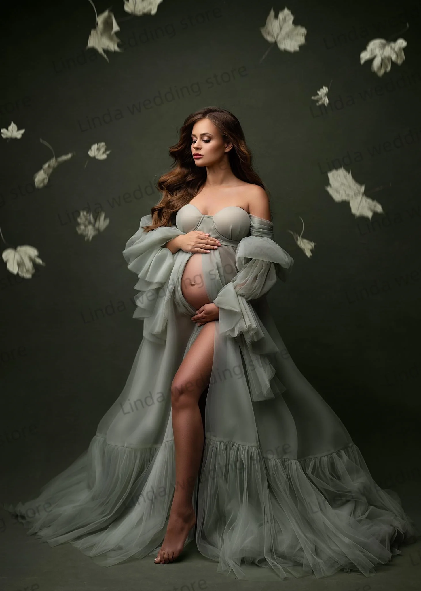 Robes de soirée à manches longues pour femmes enceintes, robes ALTERfur ses pour baby shower, robes de peignoir pour chérie, tout ce qui est pour séance photo, vert