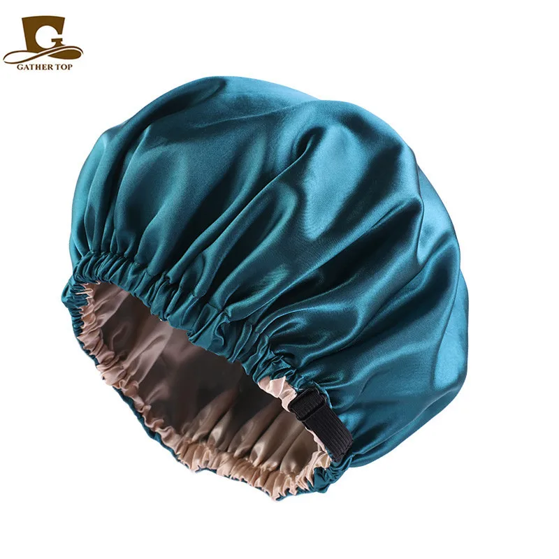 Satin Nightcap Shower Cap Bath Cap Women Invisible Flat Adjustment Buckle Simulated Silk Double Round Cap Beauty Salon Hat