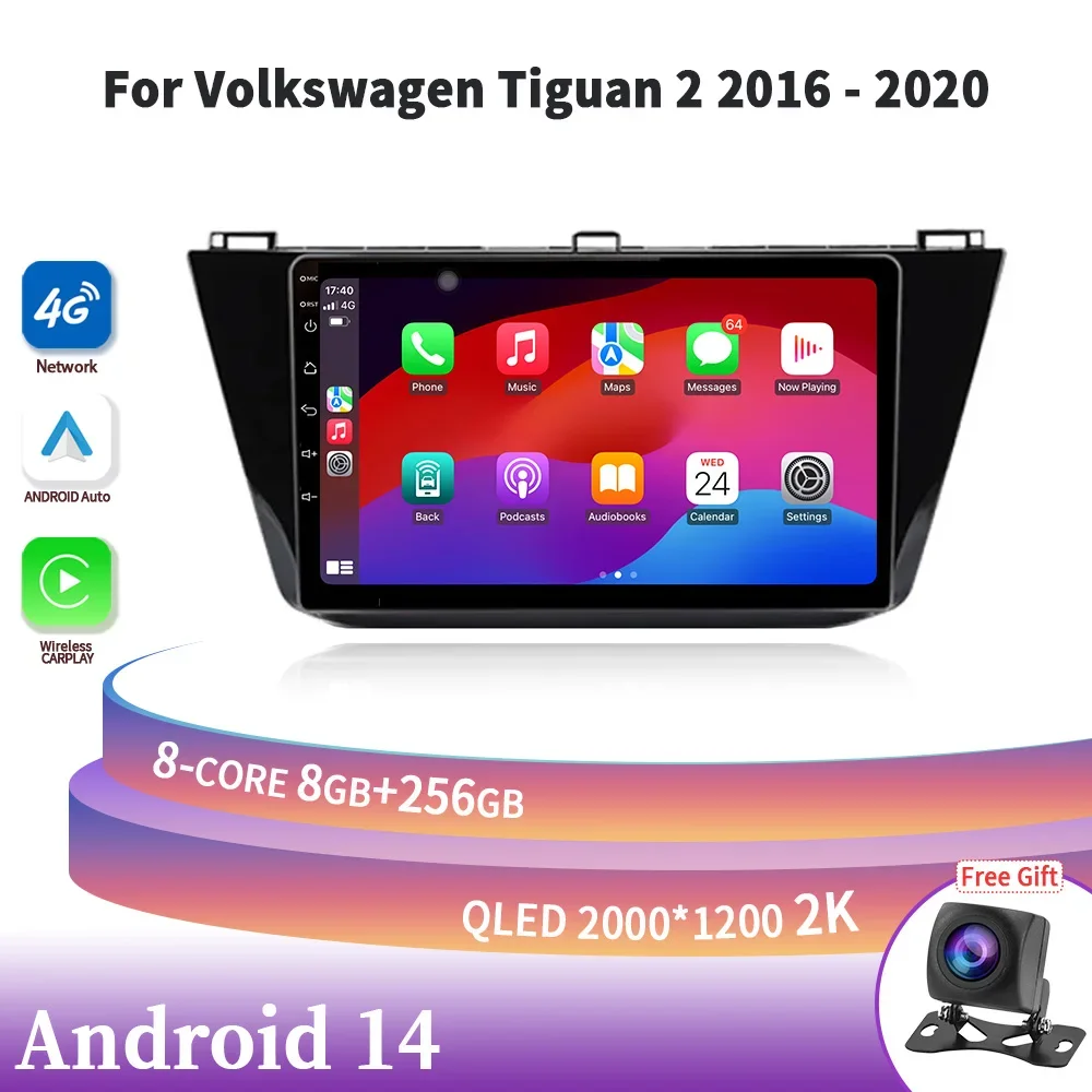 Wireles Carplay Android 14 For Volkswagen Tiguan 2 2016-2020 Car Auto Radio Multimedia Touch Screen Stereo GPS Navigation WIFI