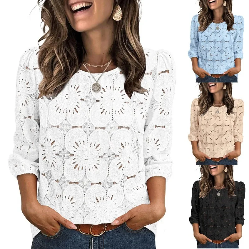 

Women's summer new fashionable casual hollow lace seven quarter sleeve round neck top