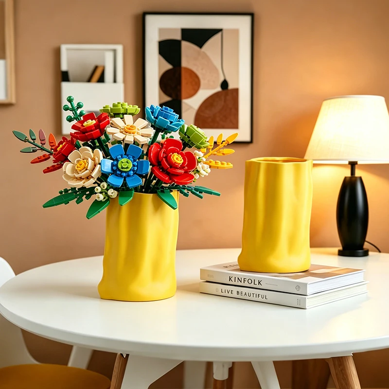 Bright Yellow Pleated Paper Effect Vase Resin Sculpture Decorative Flower Holder for Entryway Desk and Cheerful Home Accent