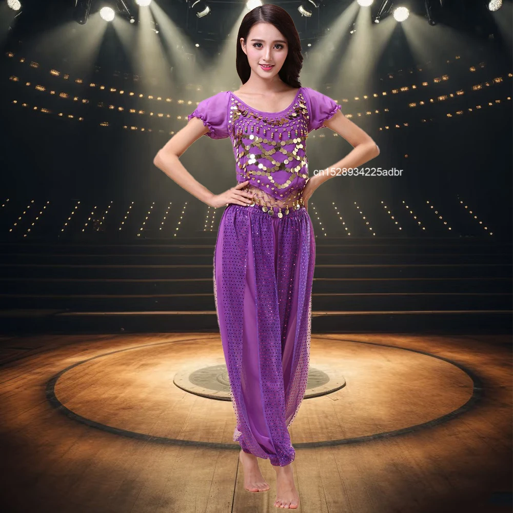 Damski kostium taneczny brzucha zestaw cekinowy krótki top + spodnie haremowe zestaw strojów orientalny taniec indyjski arabska bogini kostiumy na Halloween