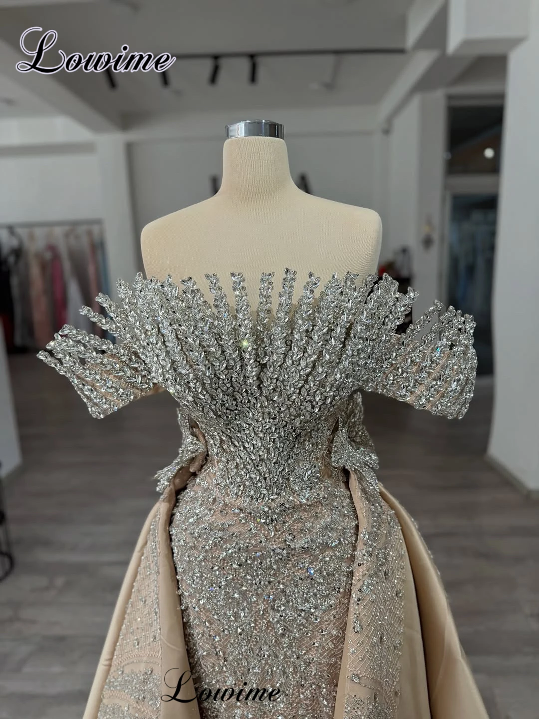 Luxury Champagne Crystals Celebrity Dresses Mermaid Off Shoulder Grand Evening Gowns Prom Dresses Vestidos De Gala Customized