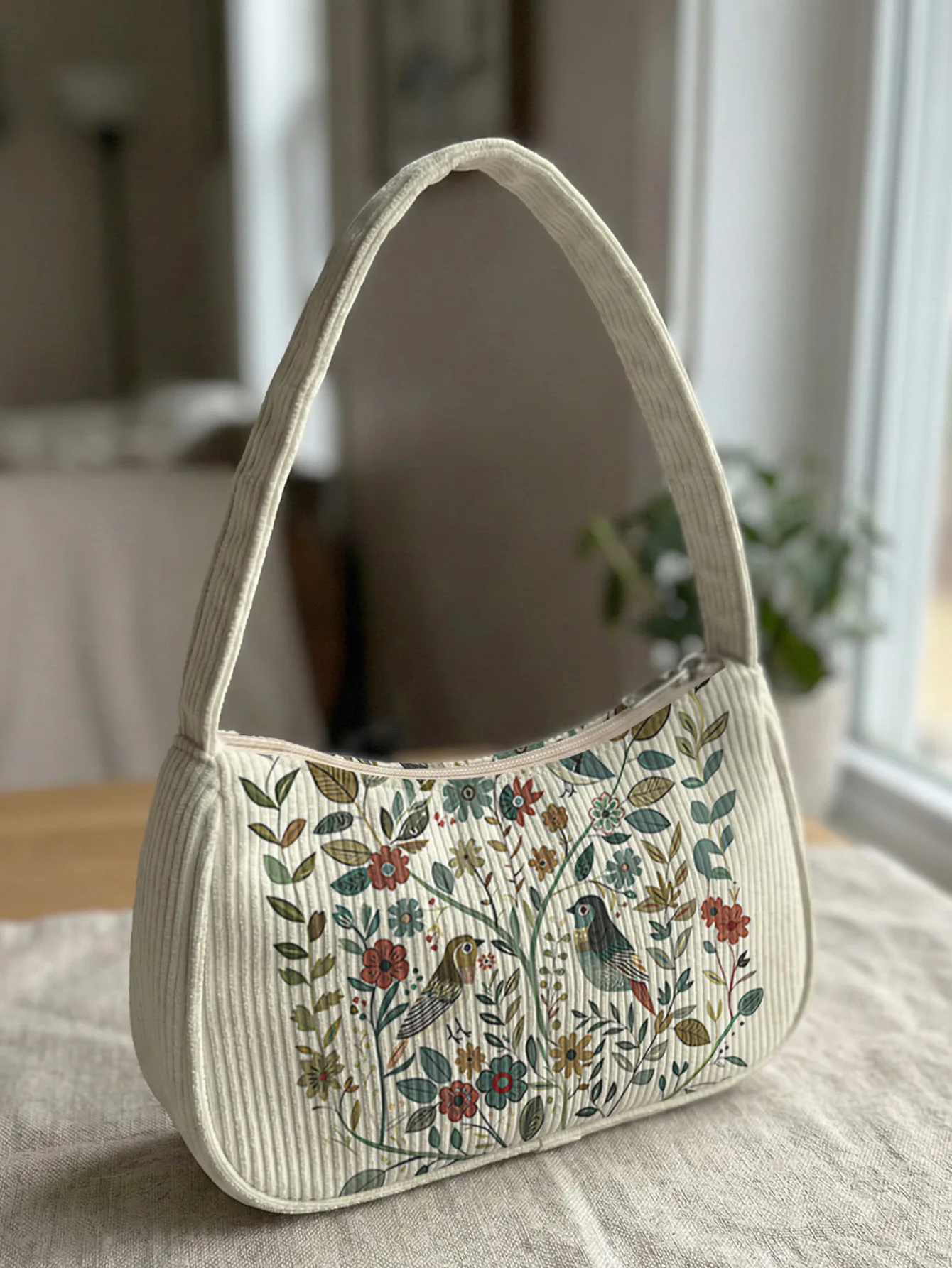Trendy Floral & Bird Print Shoulder Bag, Beige Corduroy Underarm Bag for Daily Casual Use