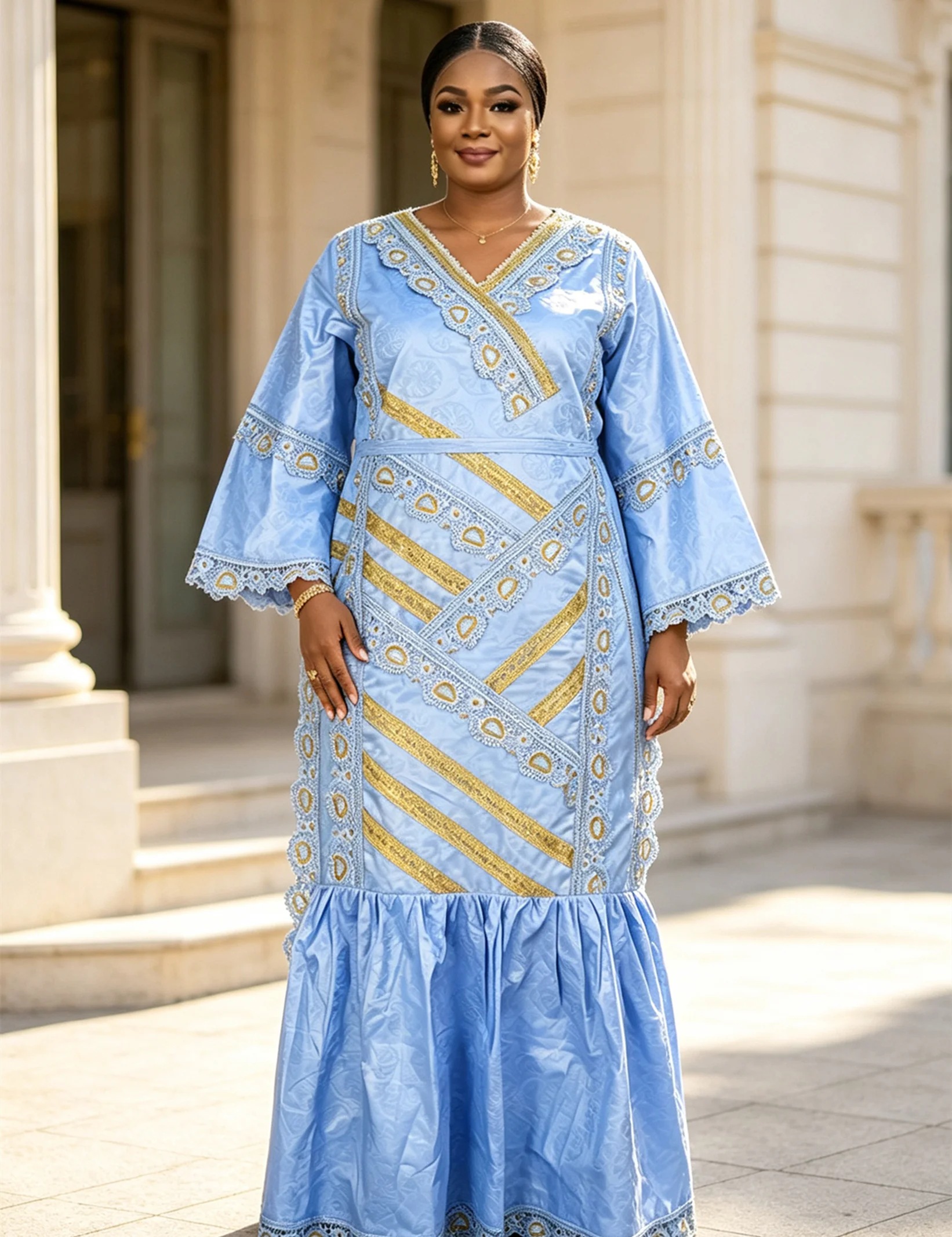 Moroccan Women Plus Size African Maxi Dress With Matching Headwrap Jacquard Embroidery Long Robe V Neck Flare Sleeve Party Gown