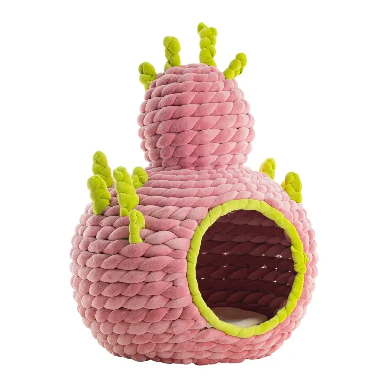 

Dragon Fruit Cat Bed Dog Bed Half Enclosed Pet Cave Washable Removable Cover Non Slip Bottom Plush Warm Handwoven Rope Knit Nest