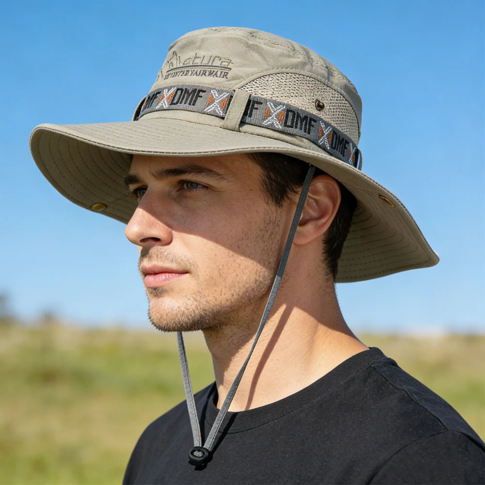 Fashion Wide Brim Men Bucket Hat Mesh UV Protection Fisherman Hat Breathable Panama Cap Hiking Climb