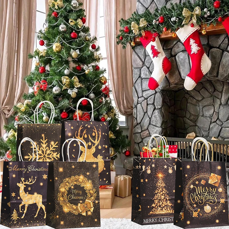 12/24pcs Gold Black Kraft Gift Bags with Handle Elk Snowflake Christmas Tree Bronzing Paper Bag Merry Christmas Party Favors Bag