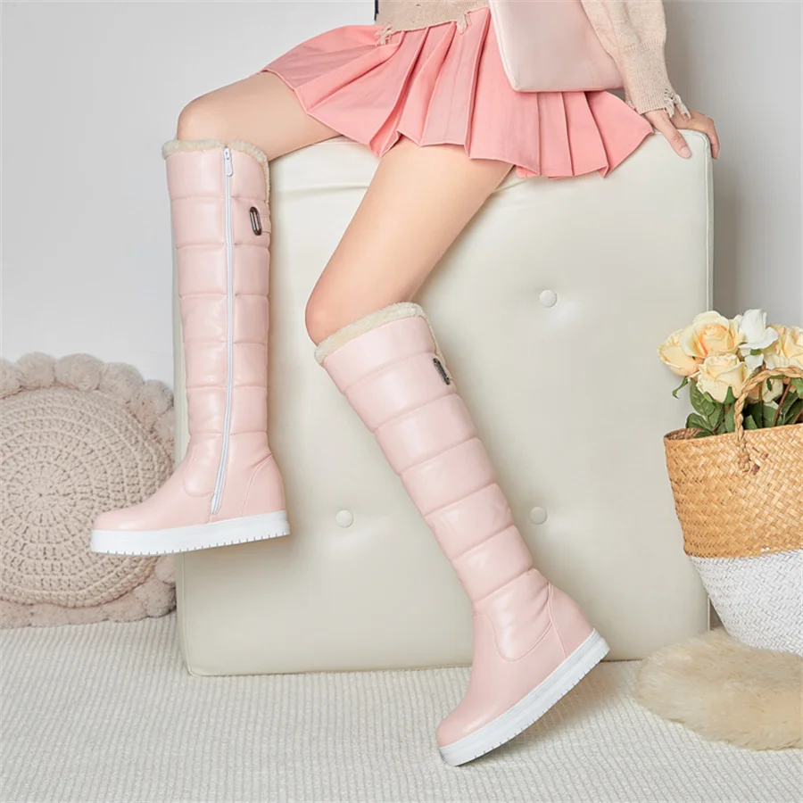 Winter Fur Knee-high Platform Snow Boots Sweet White Pink Black Buckle Round Toe High Wedge Heel Lady Cozy Waterproof Long Boots - view 2