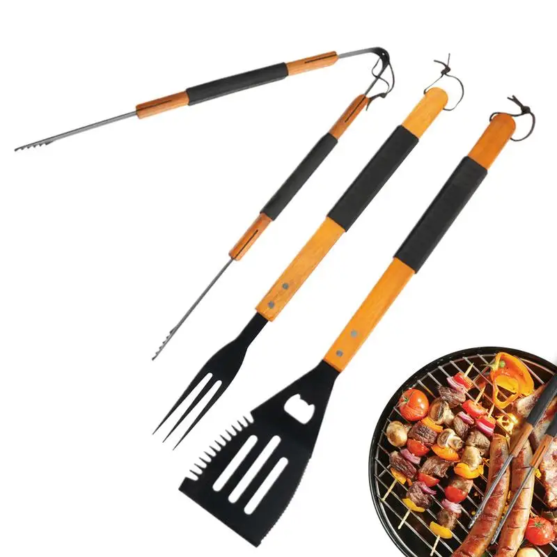 

Wooden Handle BBQ Grill Tool Set Grills Kitchen Outdoor Campings Grilling Tool Stainless Steel BBQ Grills Accessories 3PCS