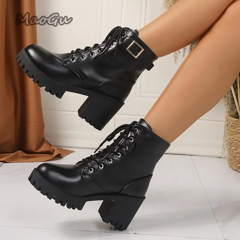 Estilo britânico 2025 nova cabeça redonda salto grosso tornozelo botas femininas preto rendas até sapatos botines para mujeres tamanho 35-42