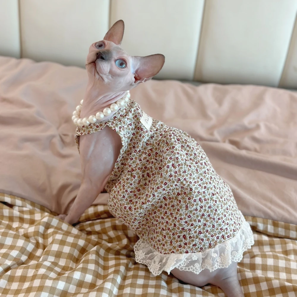 

Хлопковое платье на бретельках Sphynx с изображением кошки, летняя одежда для девушки Рекс в стиле кантри, Милая Кружевная Цветочная юбка для собак и котят, вещи для домашних животных