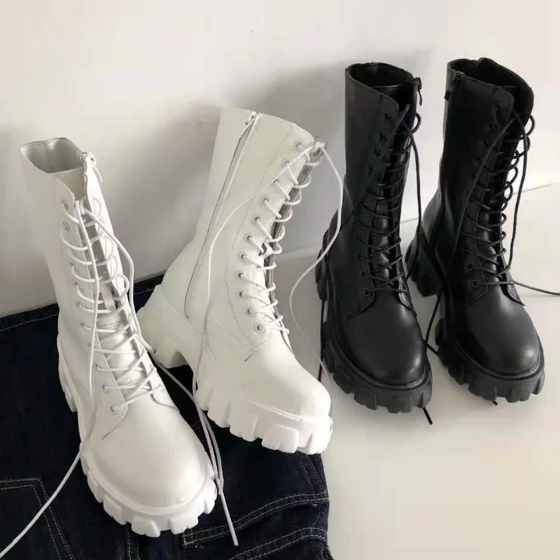 2023 New Women Mid Calf Boot Winter Fashion Comfort Chelsea Zipper PU Leather High Heels Boots Retro Motorcycle Boots Size 35-40