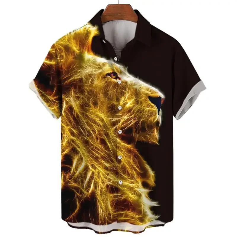 

Golden Flame Lion Print Hawaiian short-sleeved Shirt Super Cool Graphic Lapel Top Comfortable Casual men's Shirt