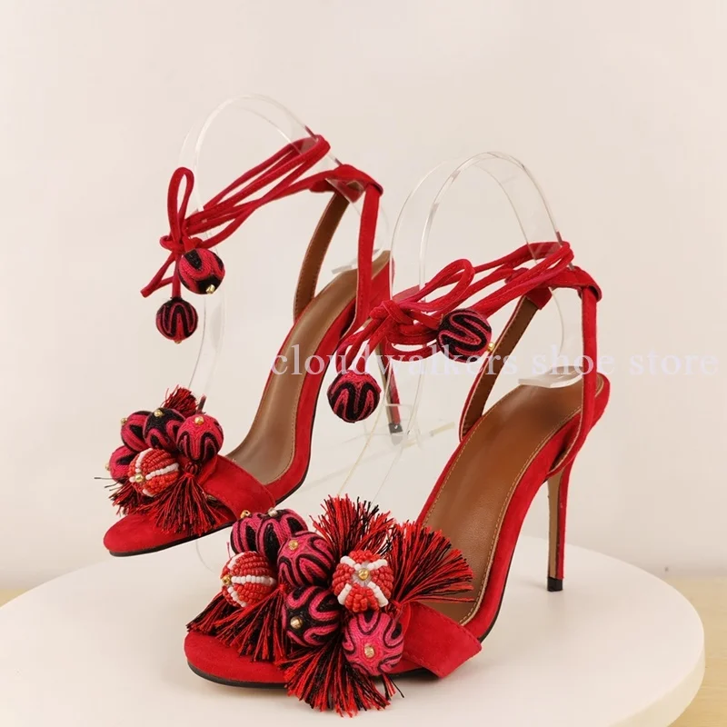 

Vintage Ethnic Red Suede Stiletto Sandal Handcraft Bead Pom Pom Tassel Detail Peep Toe Sandals Adjustable Ankle Banquet Vacation