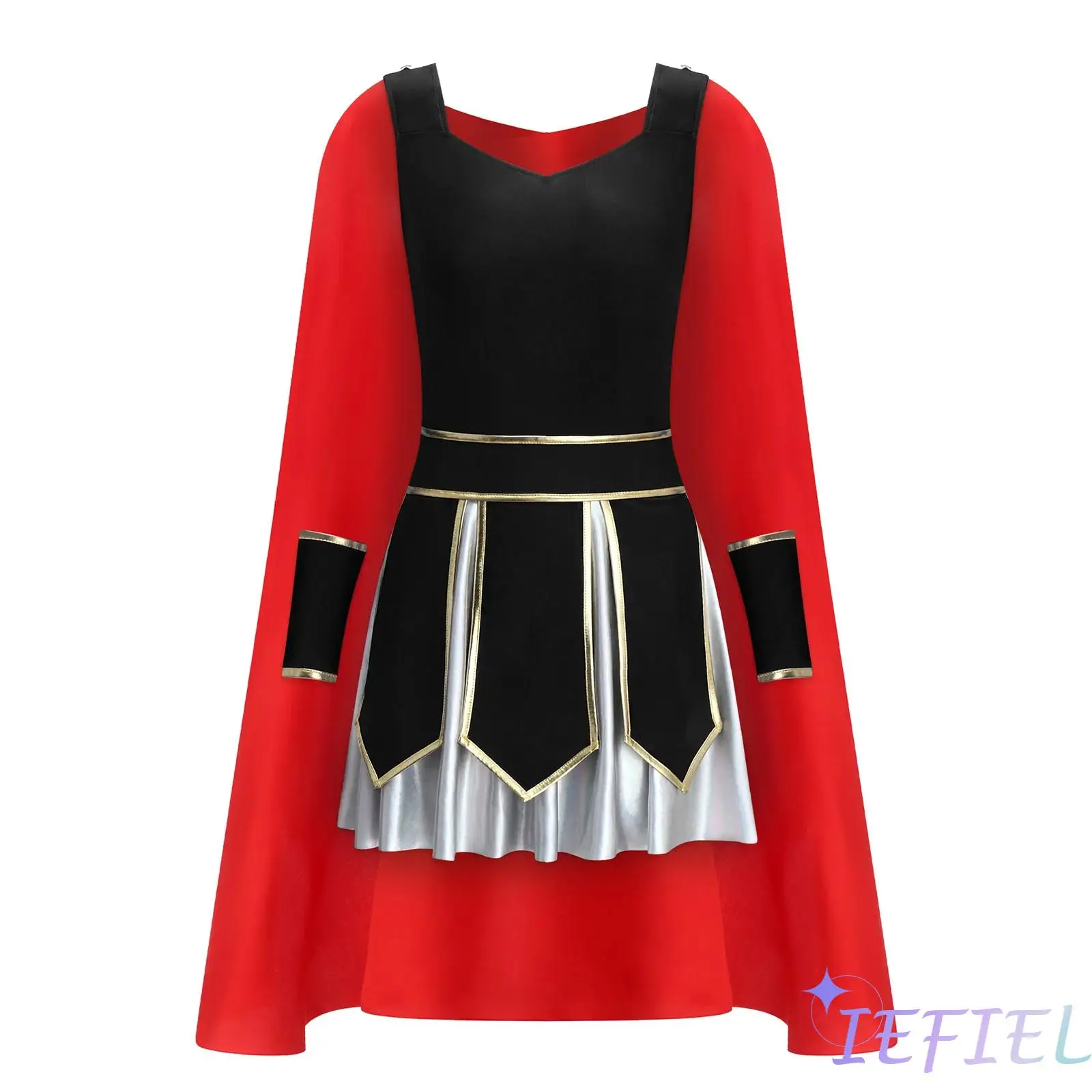 

Women Roman Gladiator Costume Halloween Theme Party Cosplay Outfit V-Neck Sleeveless Contrast Color Dress with Satin Cape Cuffs